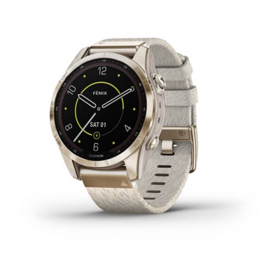 Garmin fēnix® 7S Sapphire Solar, Cream Gold Titanium with Cream Heathered Nylon Band
